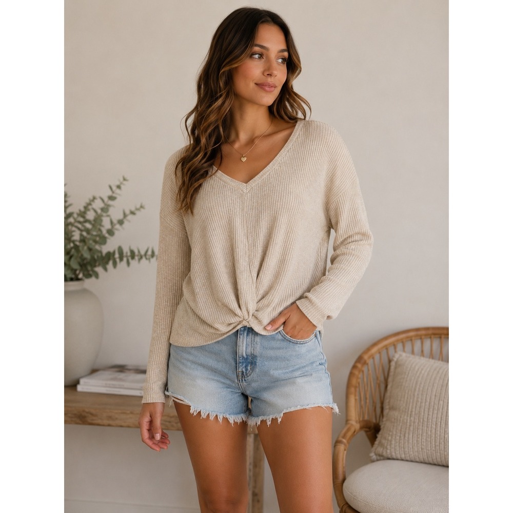 A. Byer Ribbed Knot Front Long Sleeve Top Medium Soft Stretch Casual Neutral